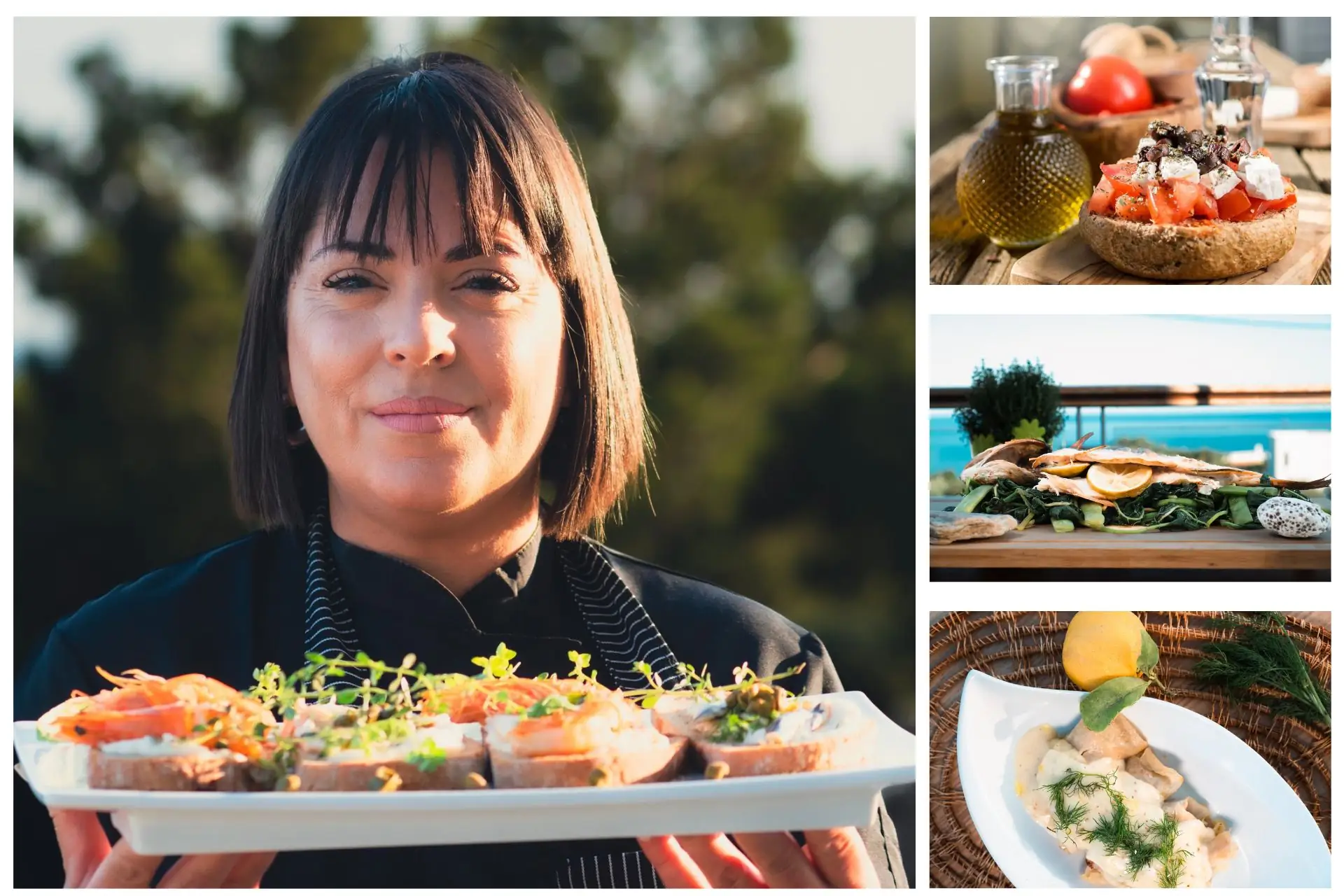 Μια επαγγελματίας private chef παρουσιάζει gourmet ορεκτικά, με συνοδευτικά πιάτα όπως κρητικό ντάκο και φρέσκο ψάρι, στο Ria's Apartment.