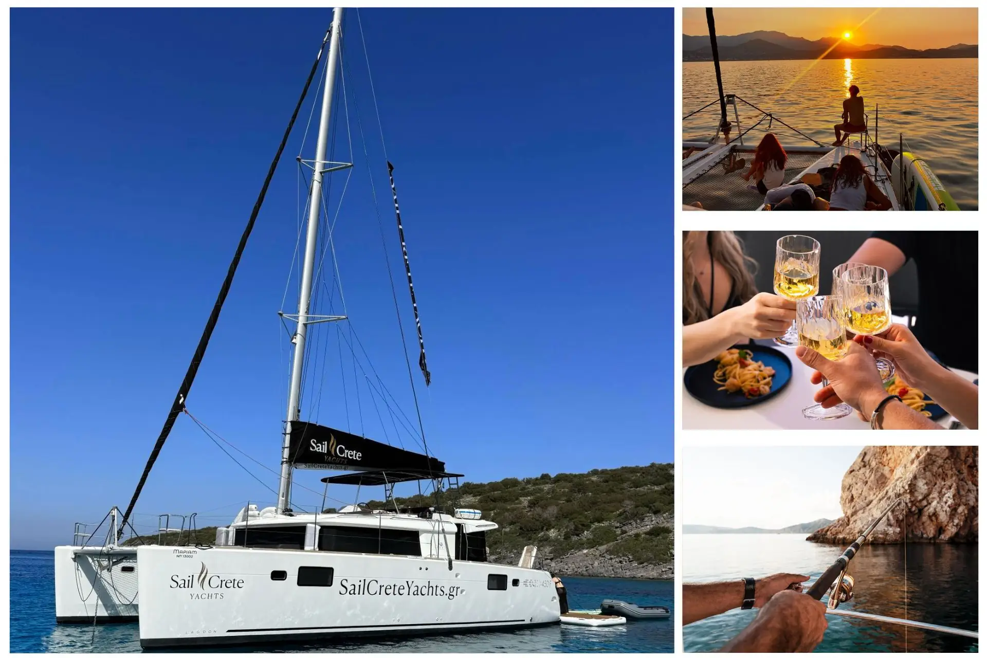 A luxury Sail Crete catamaran yacht at sea, featuring guests enjoying a sunset cruise, wine toasting, and fishing near Agios Nikolaos, Crete.