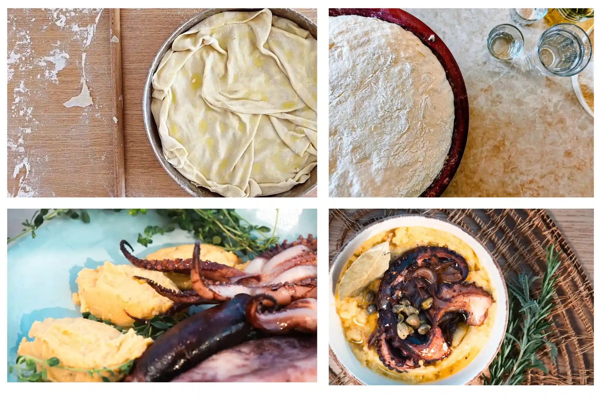 Traditional Cretan food preparation including handmade phyllo dough and cooked octopus with fava, offered at Ria's Apartment in Agios Nikolaos.