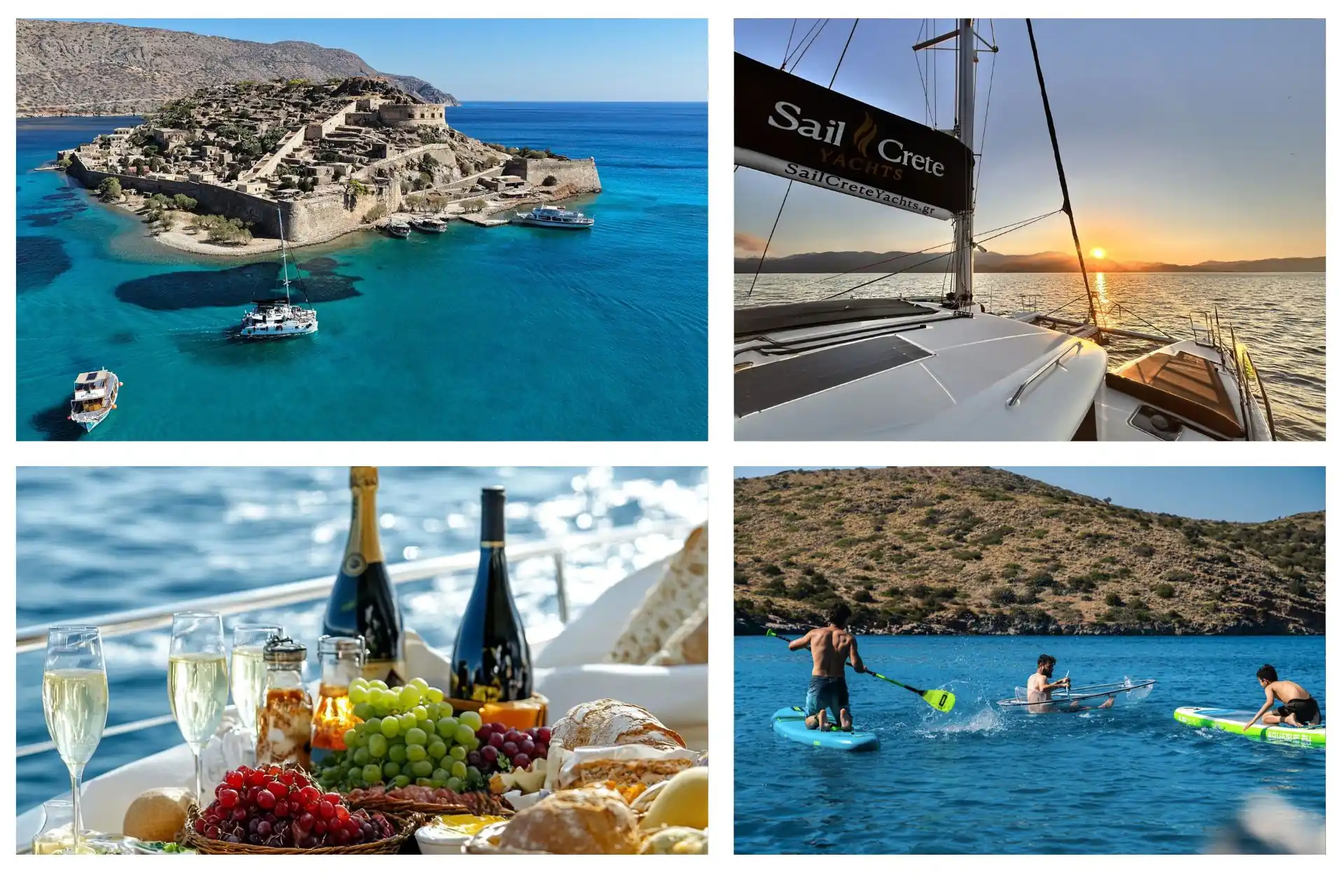 A luxury catamaran cruise around Spinalonga island in Crete, featuring a premium fruit platter with champagne, a sunset view from the yacht, and guests enjoying SUP and transparent kayak water sports, organized by Sail Crete.