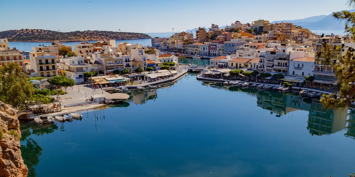 Scenic view of Agios Nikolaos port and lake in Crete near Ria Oasis Residence